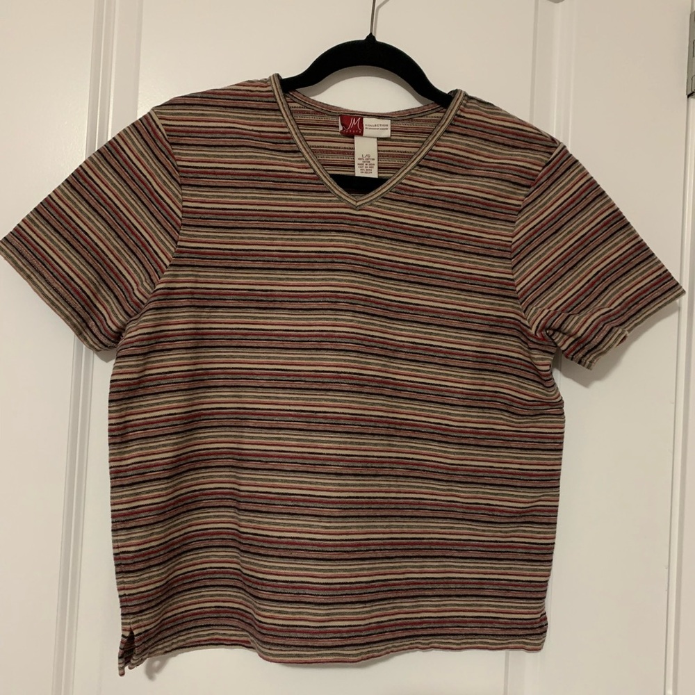 Jennifer Moore Petite Multicolor Striped Short Sleeve V-Neck Tee